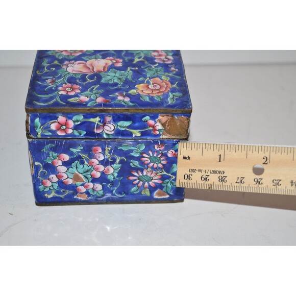 Vtg Chinese Enamel Brass Trinket Box Damaged Blue floral flaws - Picture 12 of 15